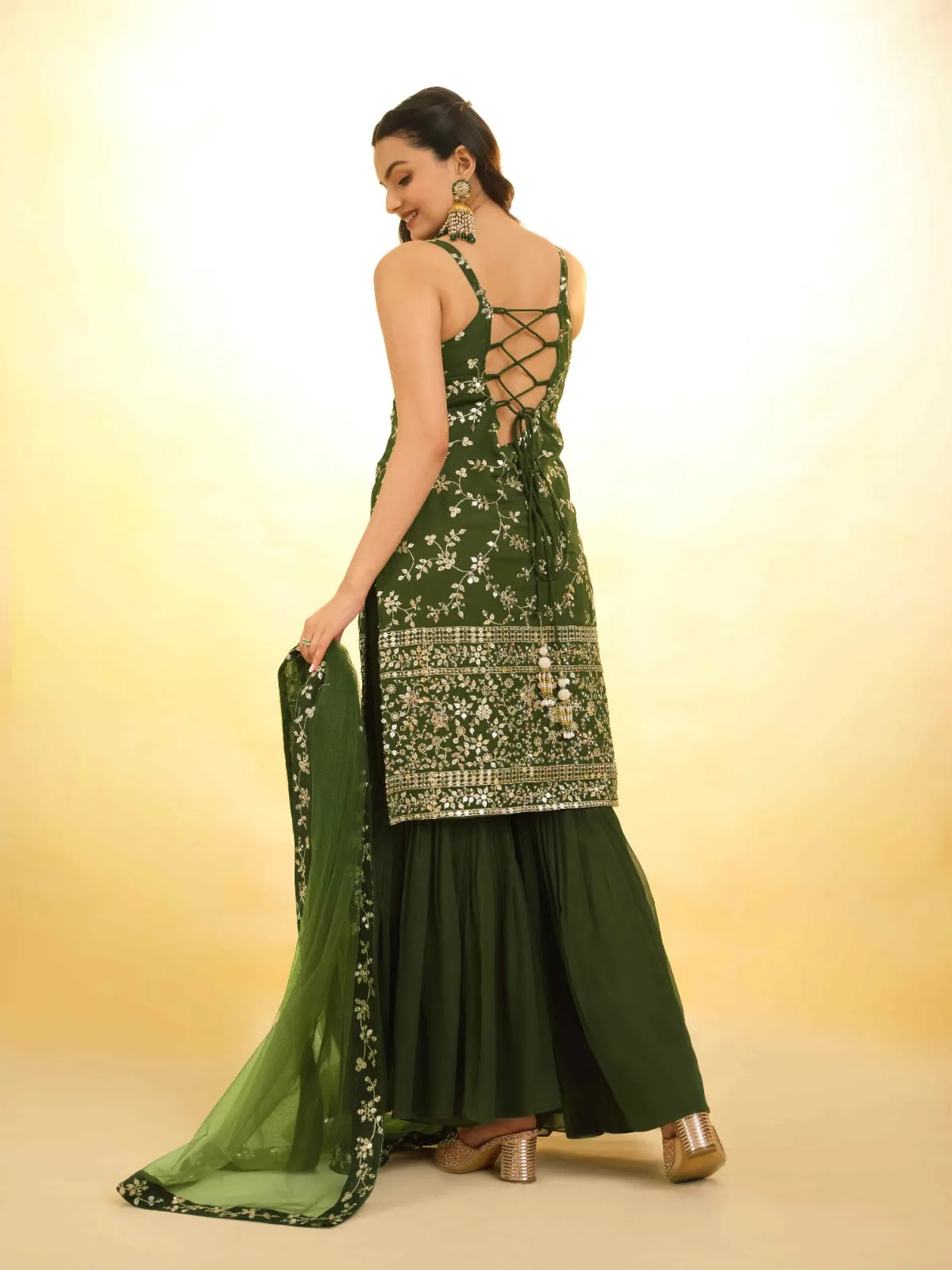 Mehndi Green Georgette Suit with Embroidery and Shantoon Bottom