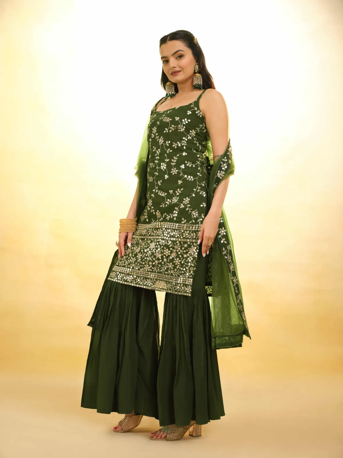 Mehndi Green Georgette Suit with Embroidery and Shantoon Bottom