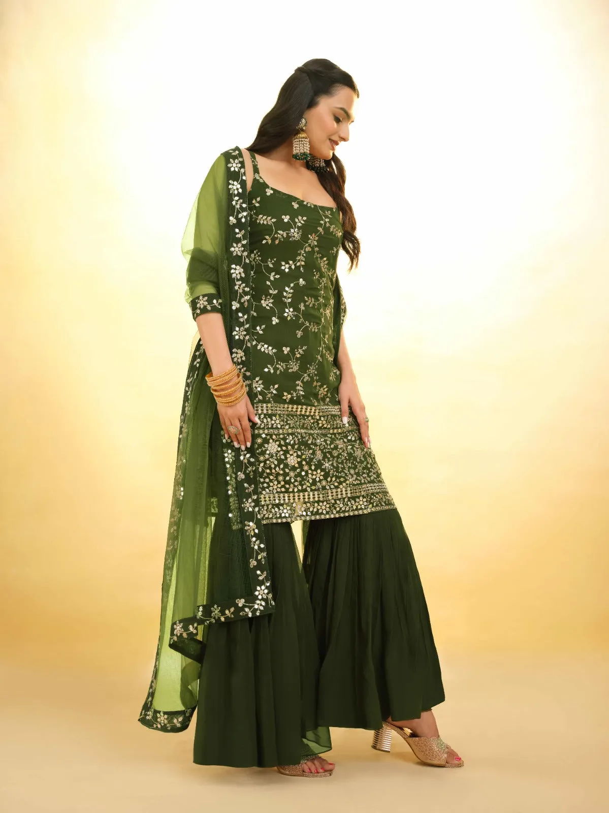 Mehndi Green Georgette Suit with Embroidery and Shantoon Bottom