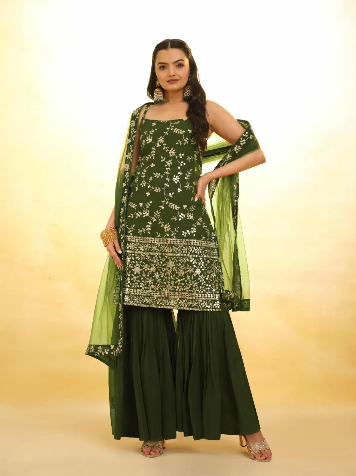 Mehndi Green Georgette Suit with Embroidery and Shantoon Bottom