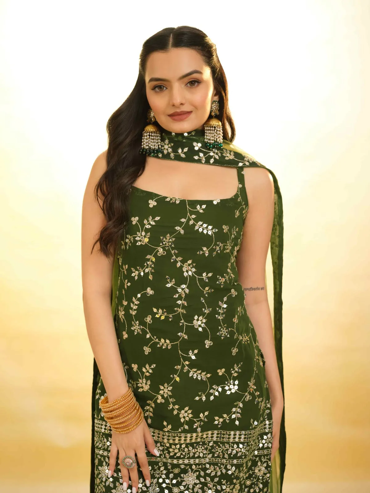 Mehndi Green Georgette Suit with Embroidery and Shantoon Bottom