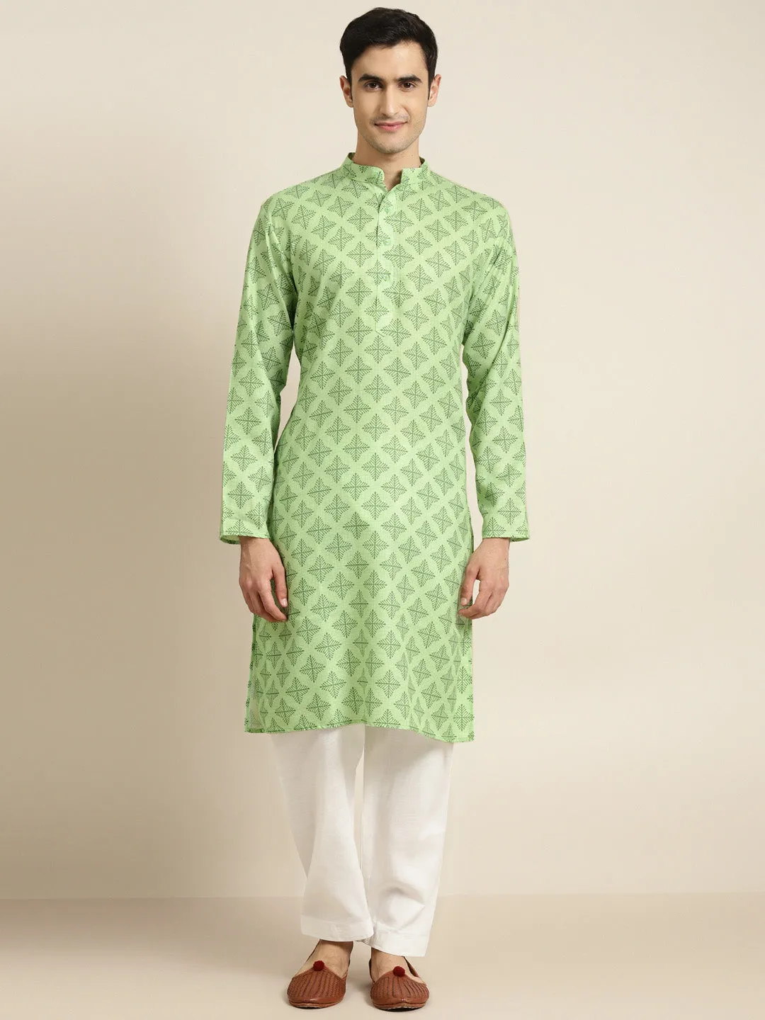 Men's Cotton Green Printed Kurta & White Churidar Pyjama Set - Sojanya