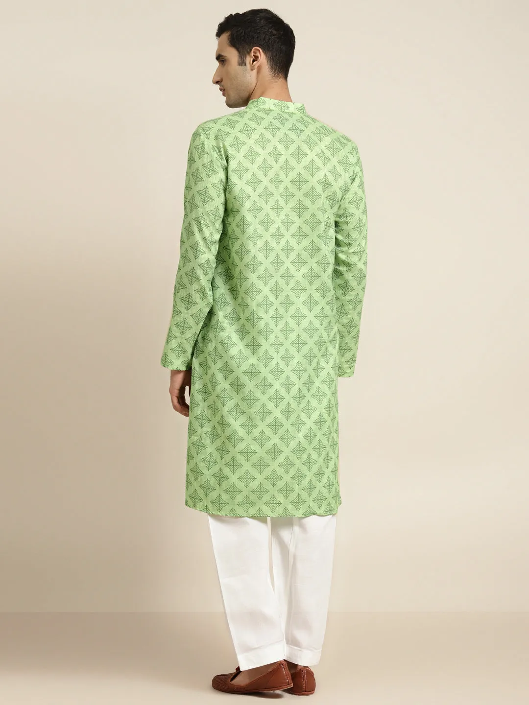 Men's Cotton Green Printed Kurta & White Churidar Pyjama Set - Sojanya