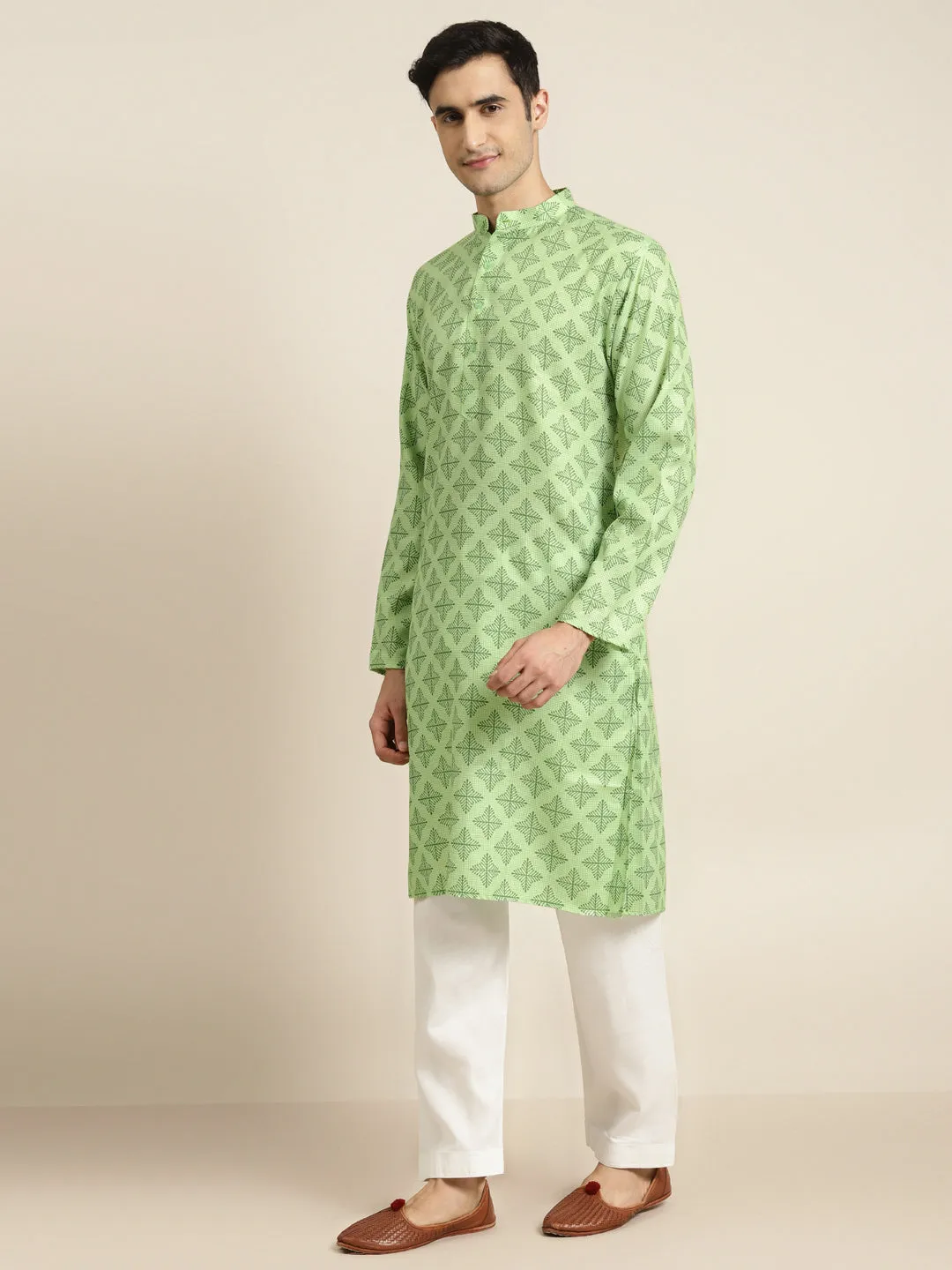 Men's Cotton Green Printed Kurta & White Churidar Pyjama Set - Sojanya