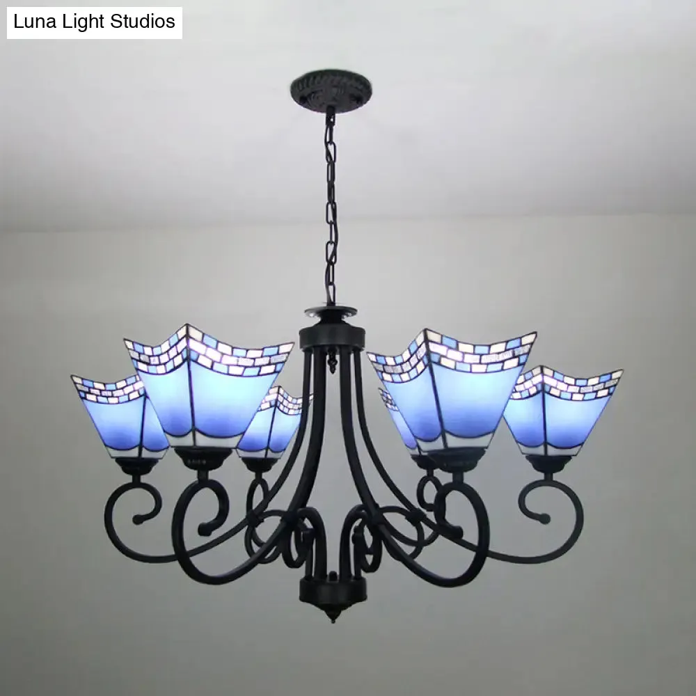 Nautical Cone Chandelier Lamp: Stained Glass Pendant Lighting in Sky Blue/Blue - 6 Lights