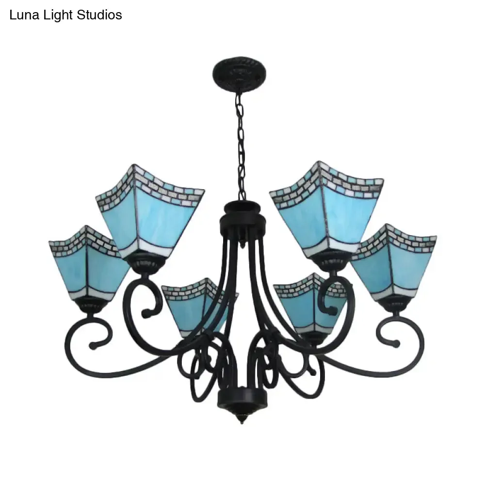 Nautical Cone Chandelier Lamp: Stained Glass Pendant Lighting in Sky Blue/Blue - 6 Lights