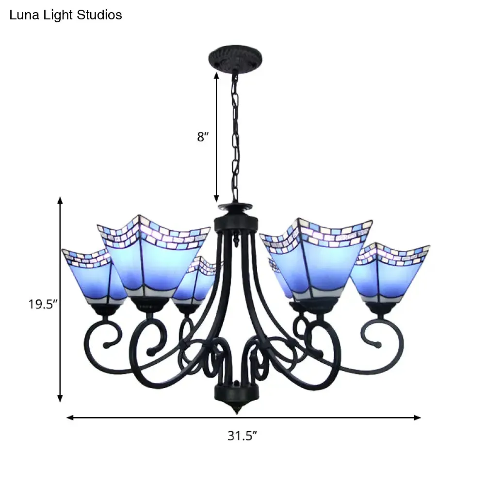 Nautical Cone Chandelier Lamp: Stained Glass Pendant Lighting in Sky Blue/Blue - 6 Lights