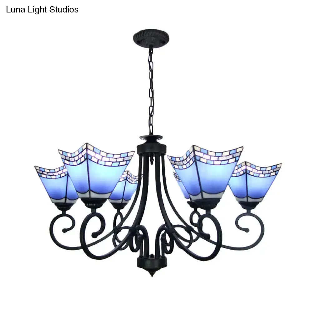 Nautical Cone Chandelier Lamp: Stained Glass Pendant Lighting in Sky Blue/Blue - 6 Lights