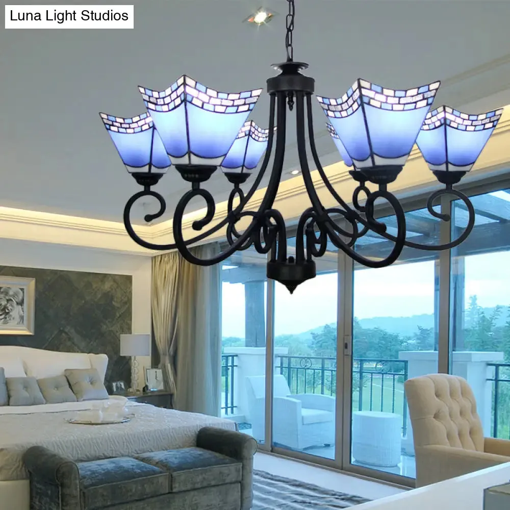 Nautical Cone Chandelier Lamp: Stained Glass Pendant Lighting in Sky Blue/Blue - 6 Lights