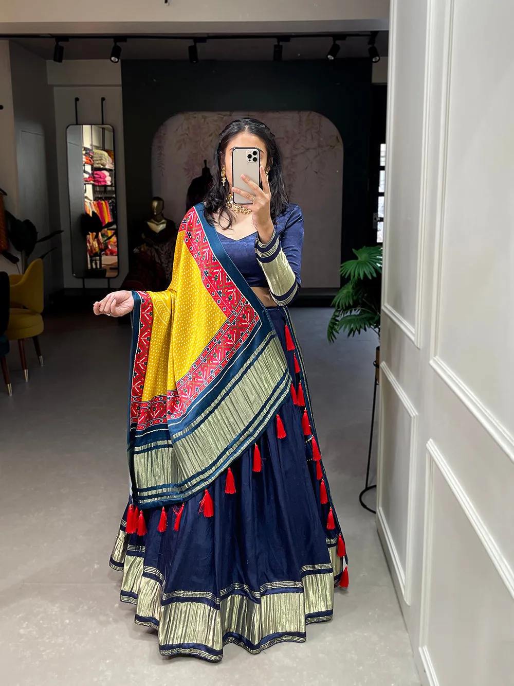 Navy Blue Color Dyeing With Lagdi Patta Gaji Silk Lehenga Choli