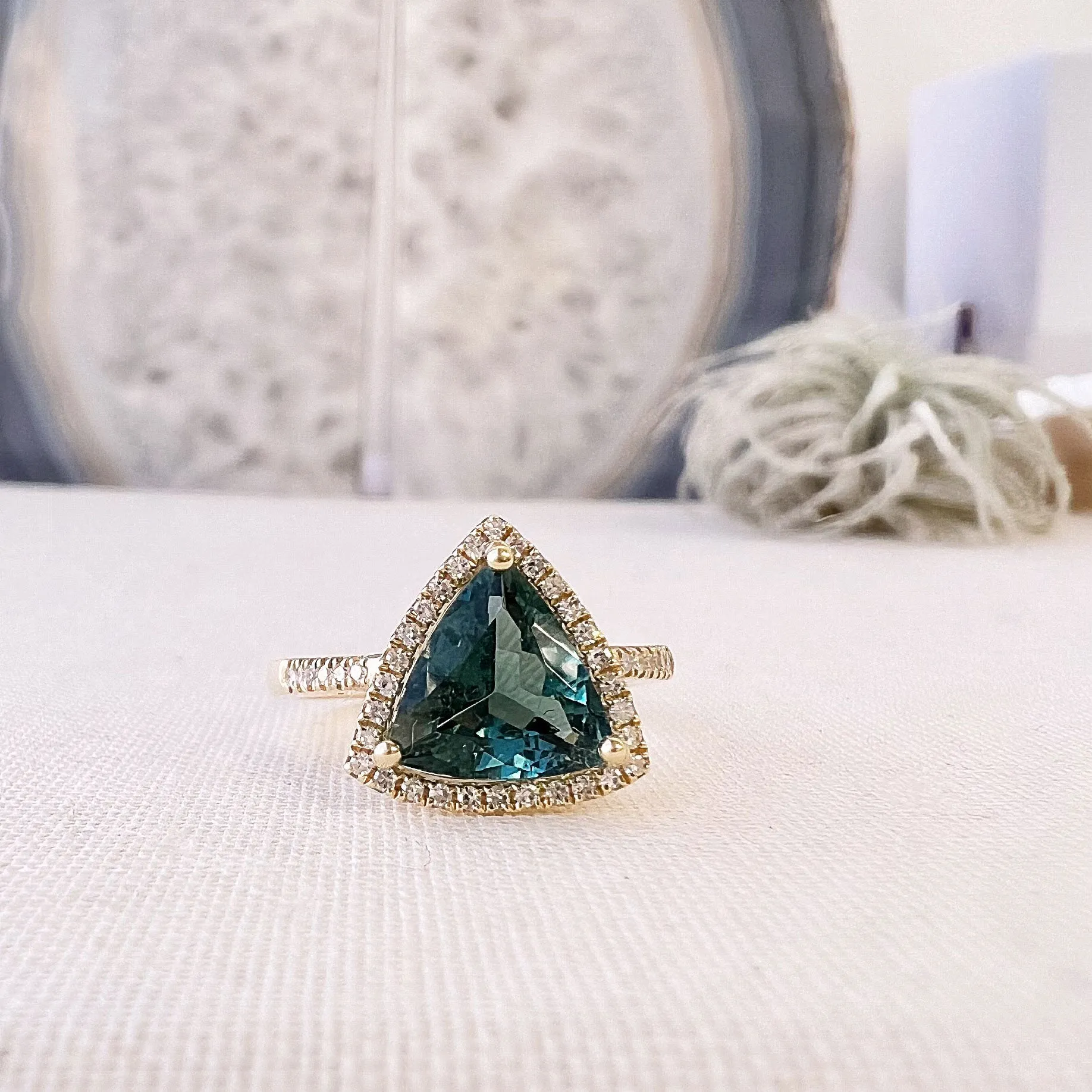 One of a Kind Trillion Cut Green Tourmaline Ring