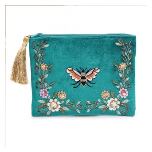 POM Bright Teal Bee Floral Embroided Purse