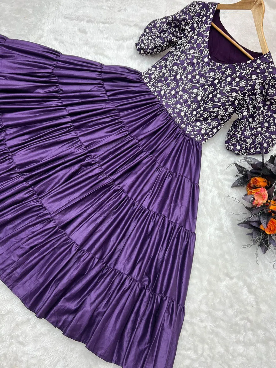 Purple Color Ruffle Style Embroidery Work Dress