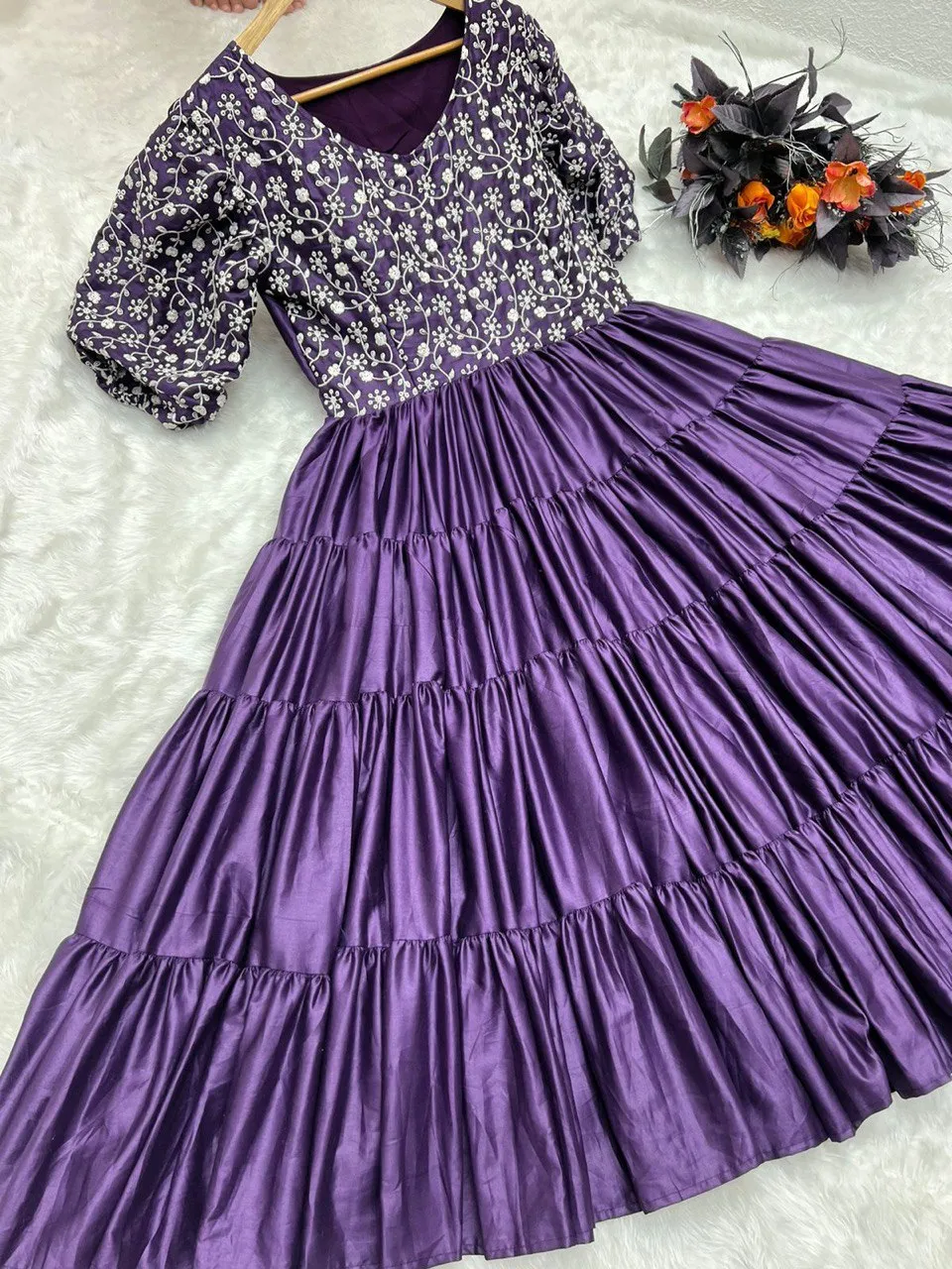 Purple Color Ruffle Style Embroidery Work Dress