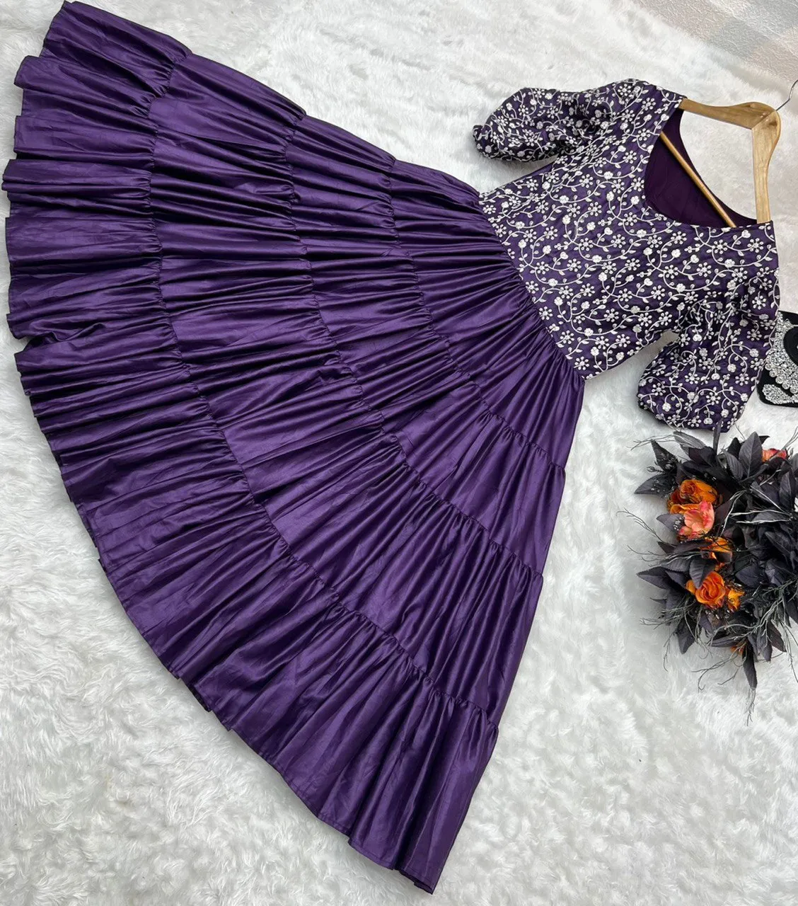 Purple Color Ruffle Style Embroidery Work Dress