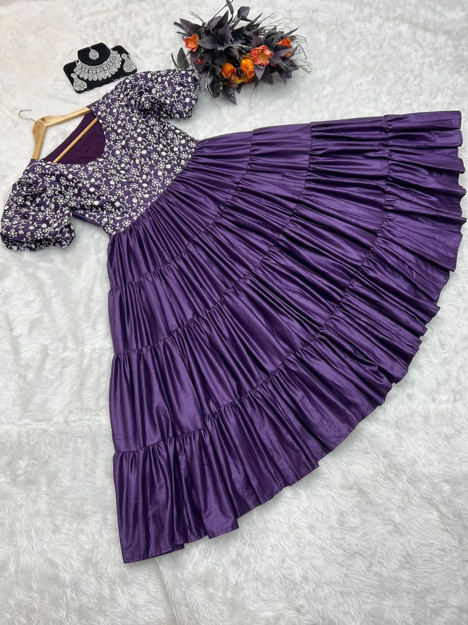 Purple Color Ruffle Style Embroidery Work Dress