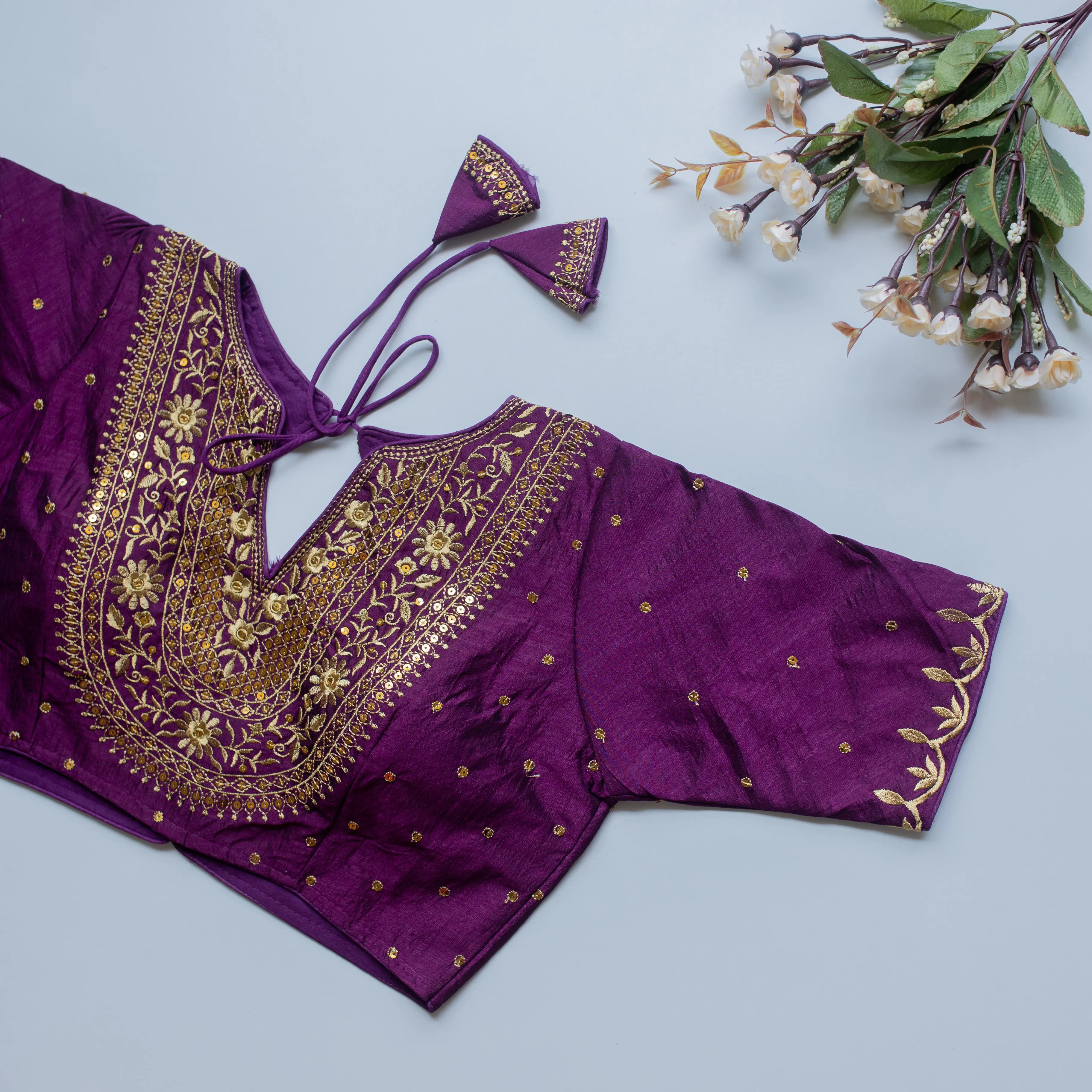 Purple Olive Silk Blouse with Golden Embroidery and Sequence Accents