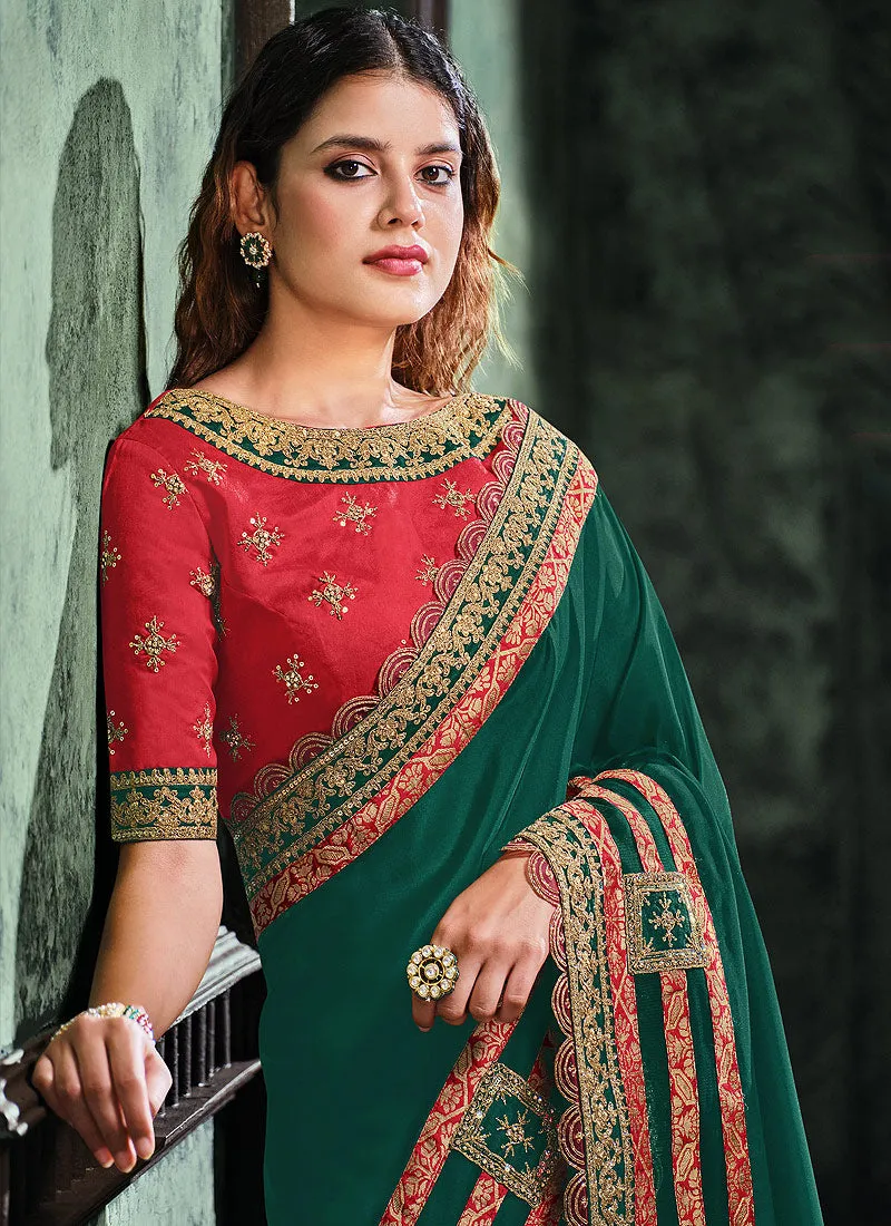 Red And Green Multi Embroidered Designer Saree