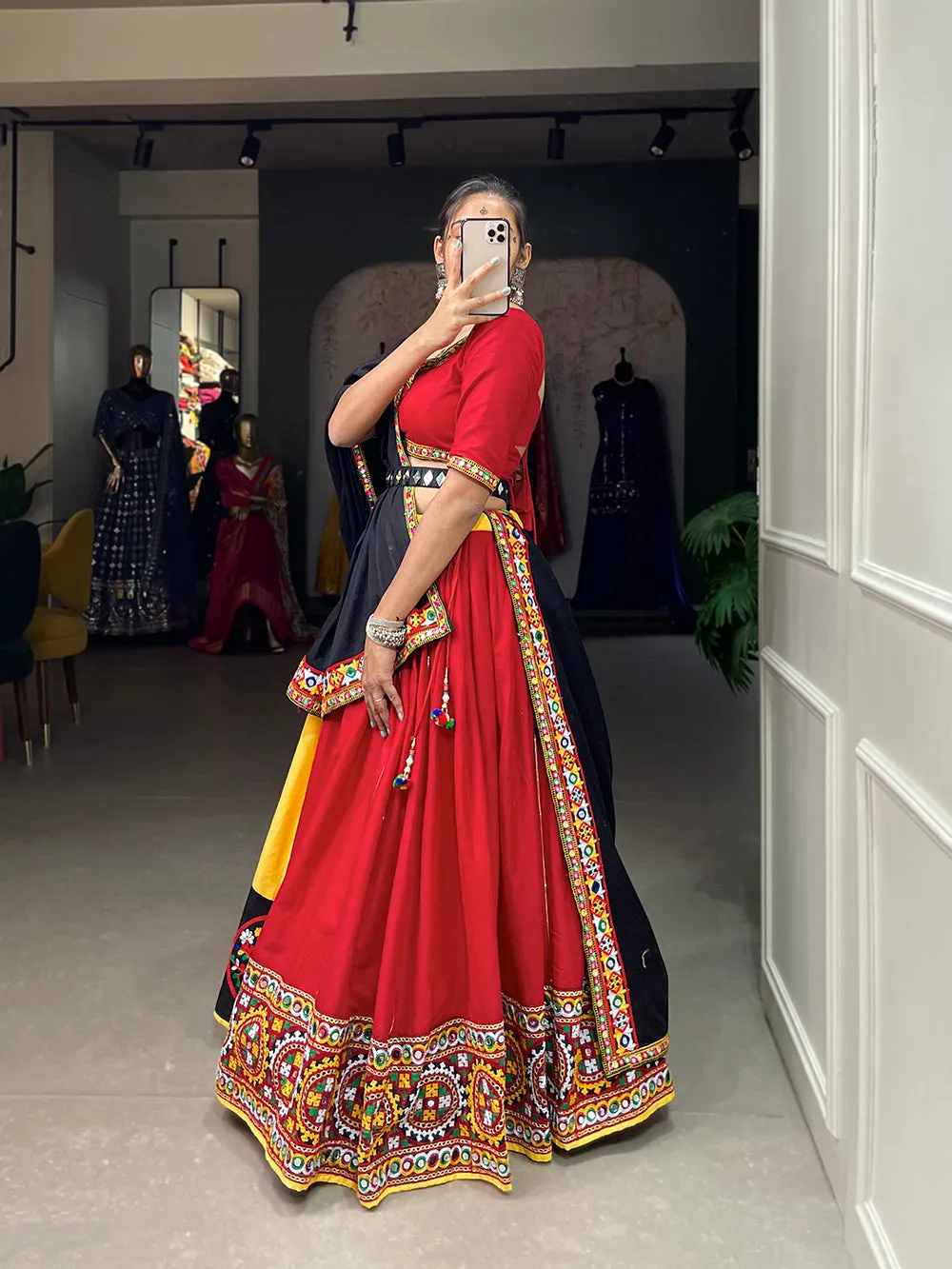 Red Color Gamthi And Mirror Work Chaniya Choli