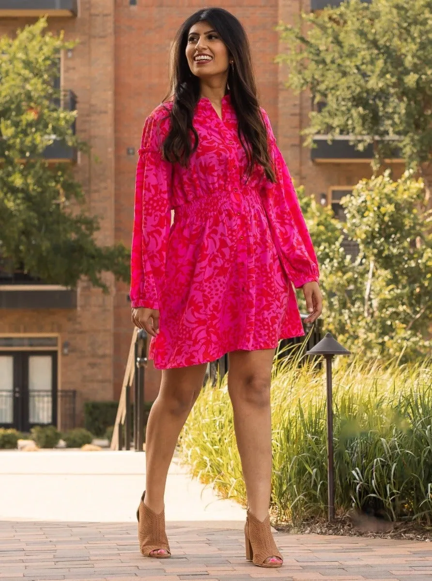 Rosy Fusion Button Down Dress, Red and Pink