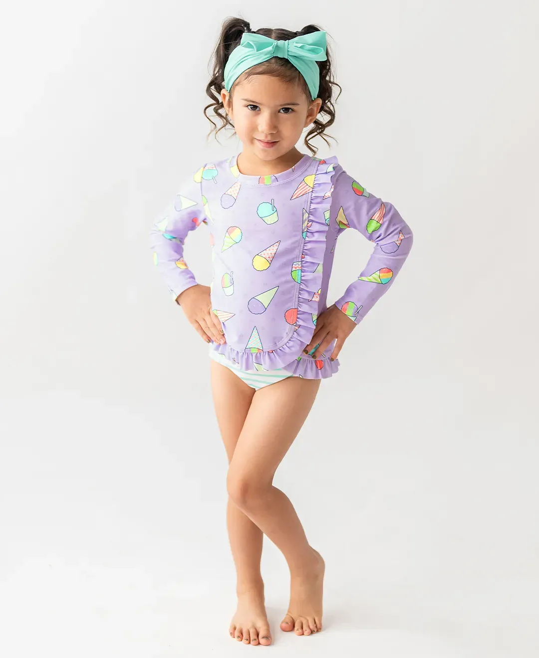 RuffleButts | Ruffled Long Sleeve Rash Guard 2-Piece ~ Snow Cones 2T