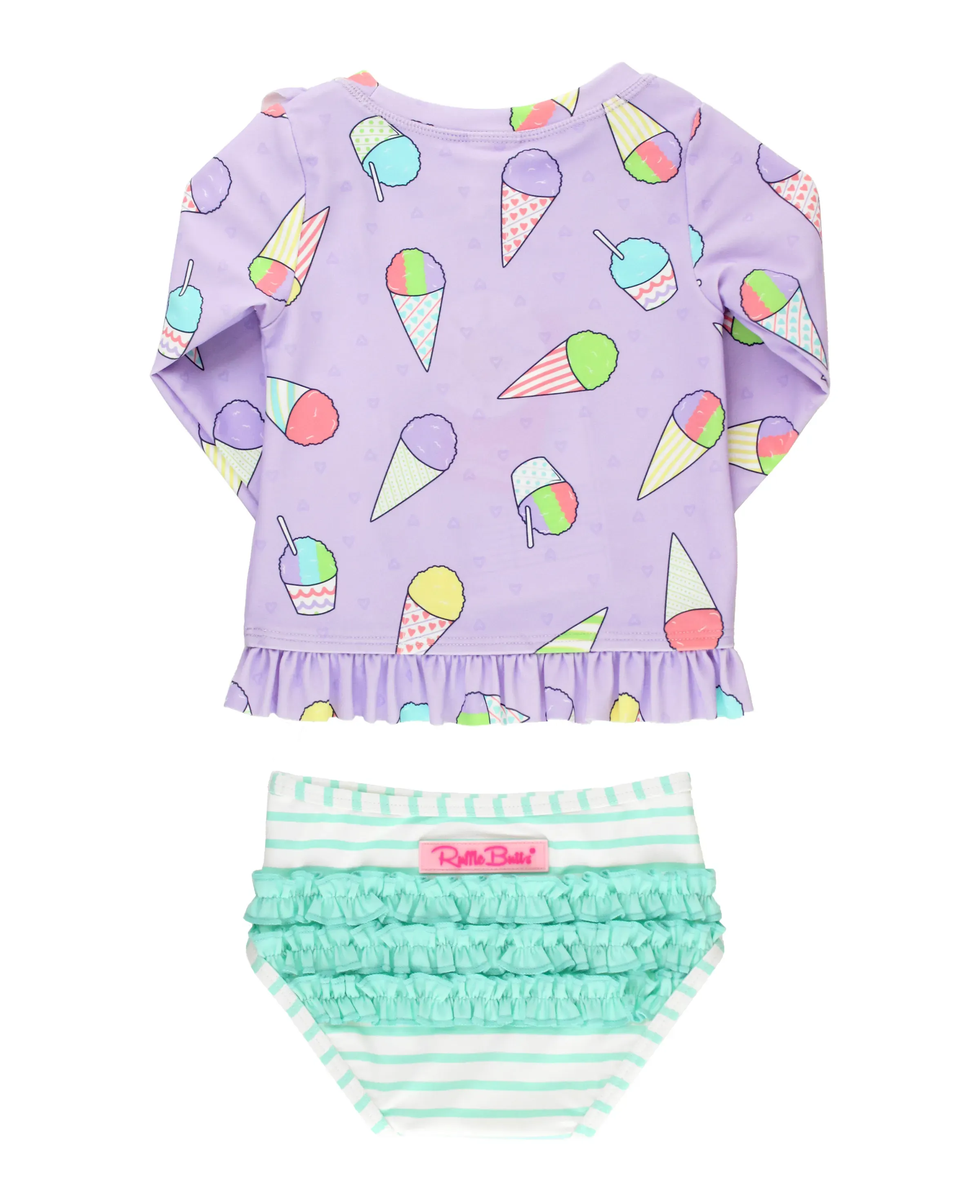 RuffleButts | Ruffled Long Sleeve Rash Guard 2-Piece ~ Snow Cones 2T