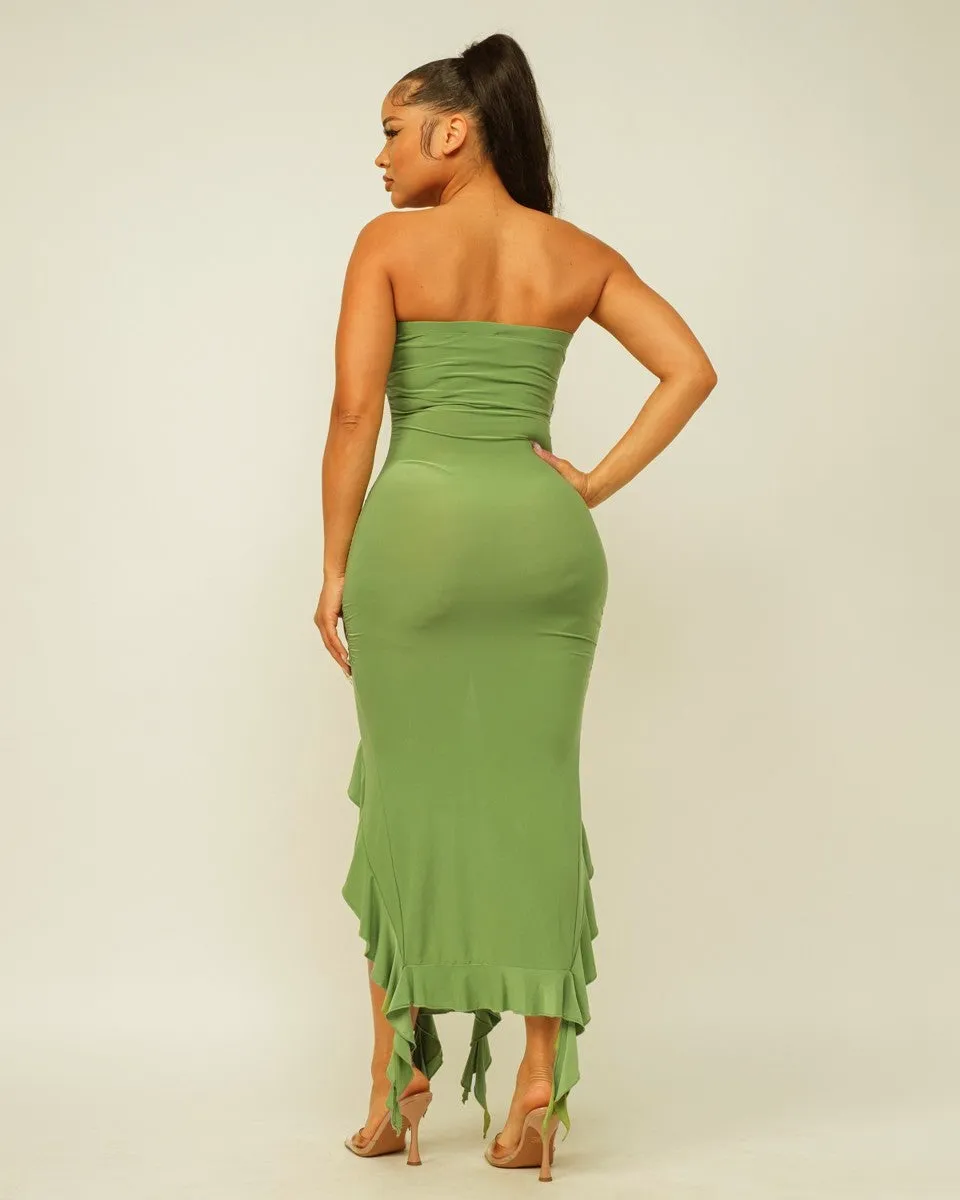 Solid Bottom Ruffle Trim Hem Slit Tube Maxi Dress