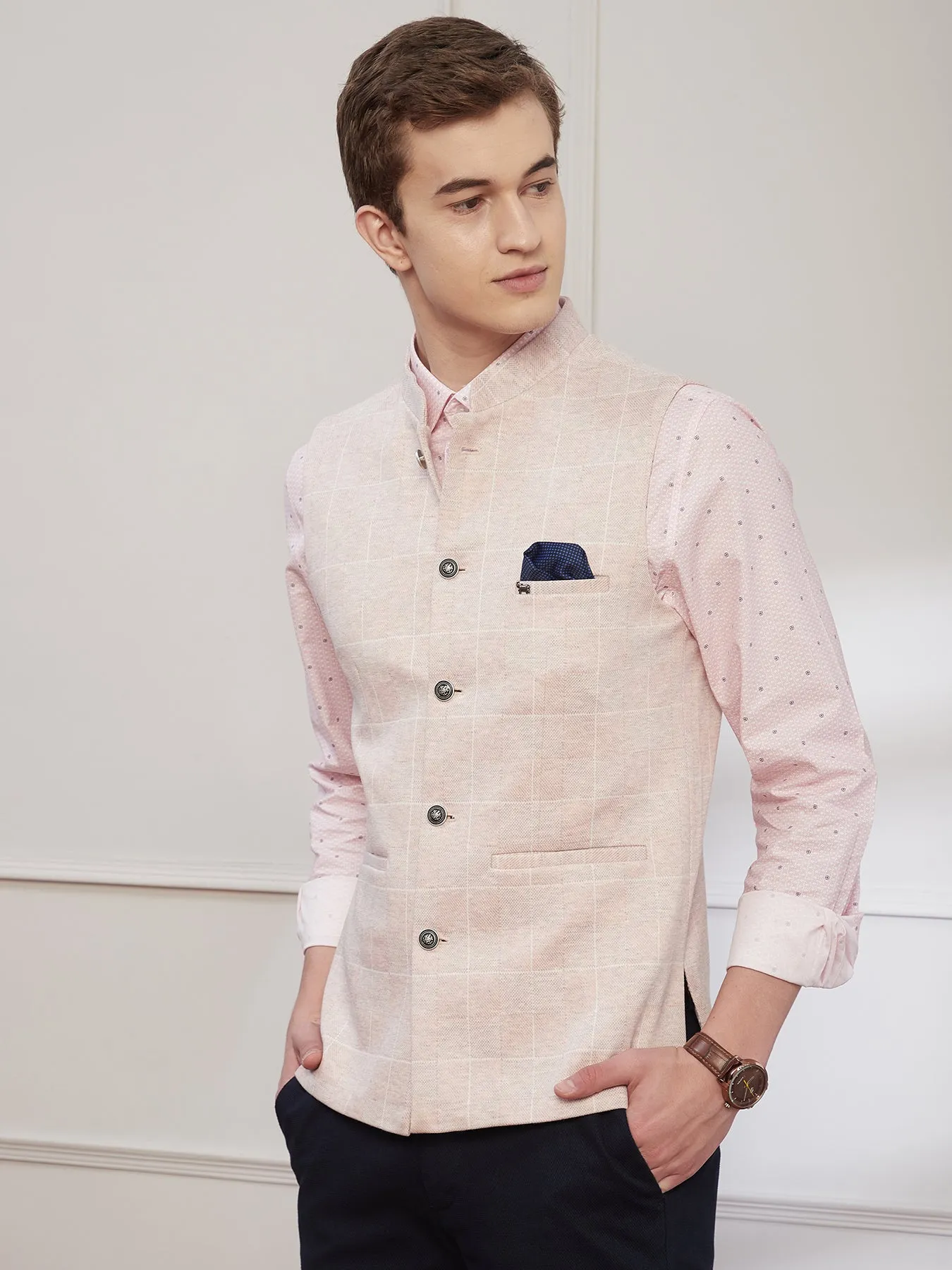 Terry Rayon Peach Checkered Nehru Jacket Half Sleeve Ceremonial Nehru Jacket