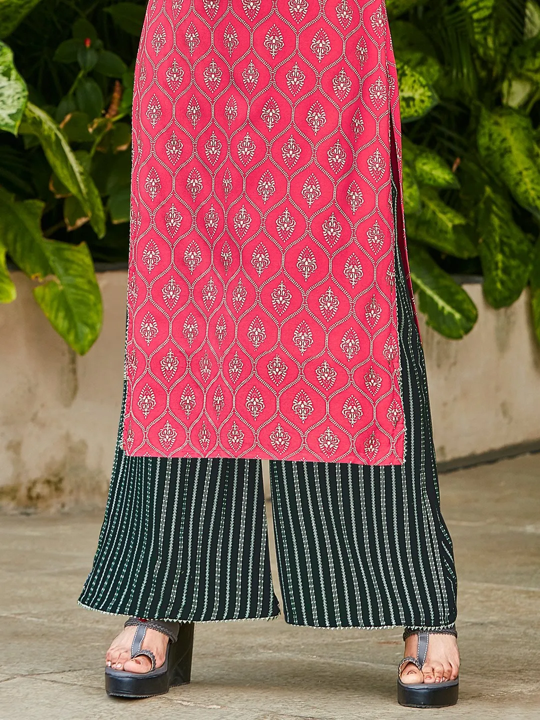 Trendy Pink Slub Rayon Kurti With Palazzo Pants