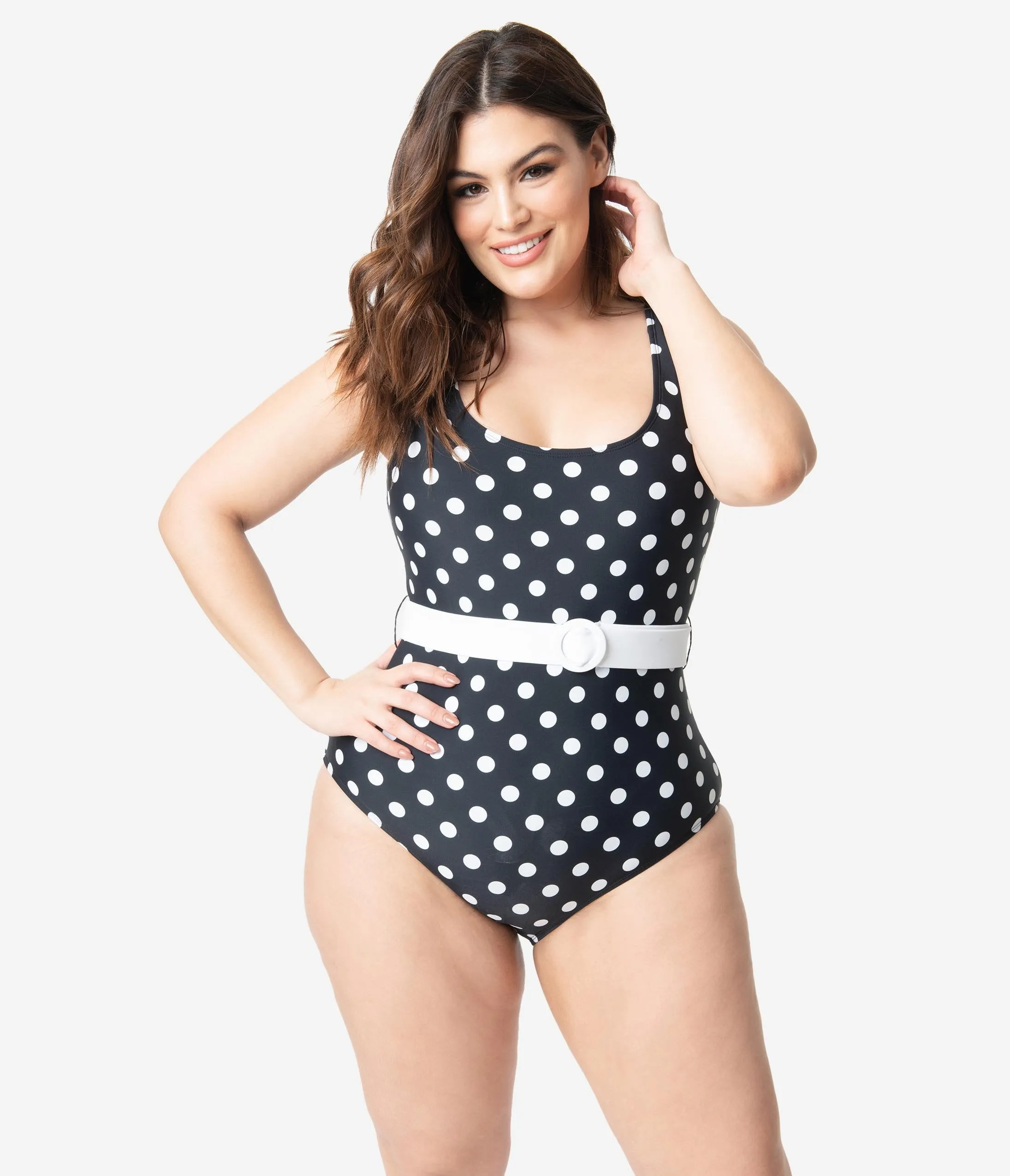 Unique Vintage Plus Size Black & White Polka Dot Belted Huntington Swimsuit