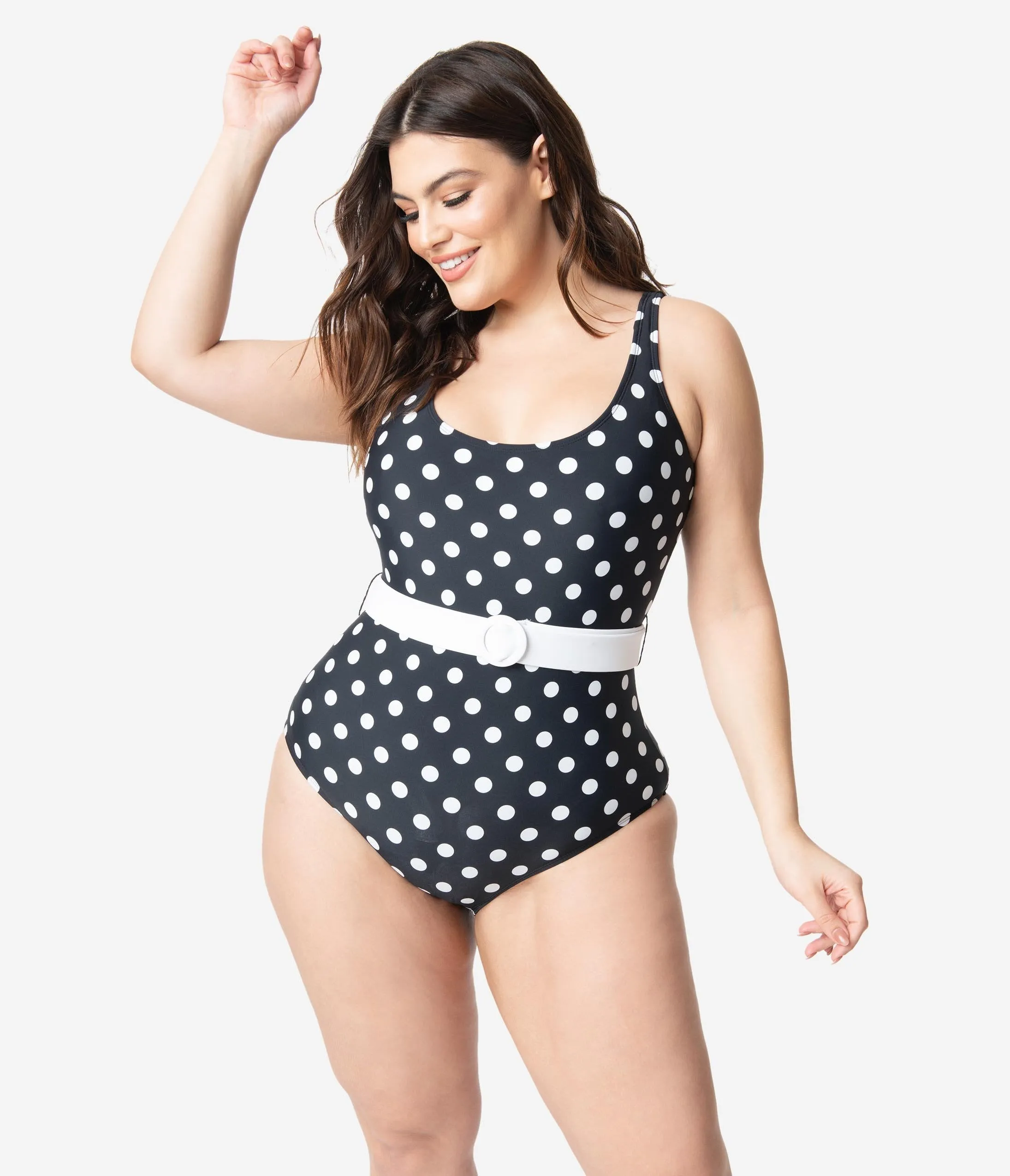 Unique Vintage Plus Size Black & White Polka Dot Belted Huntington Swimsuit