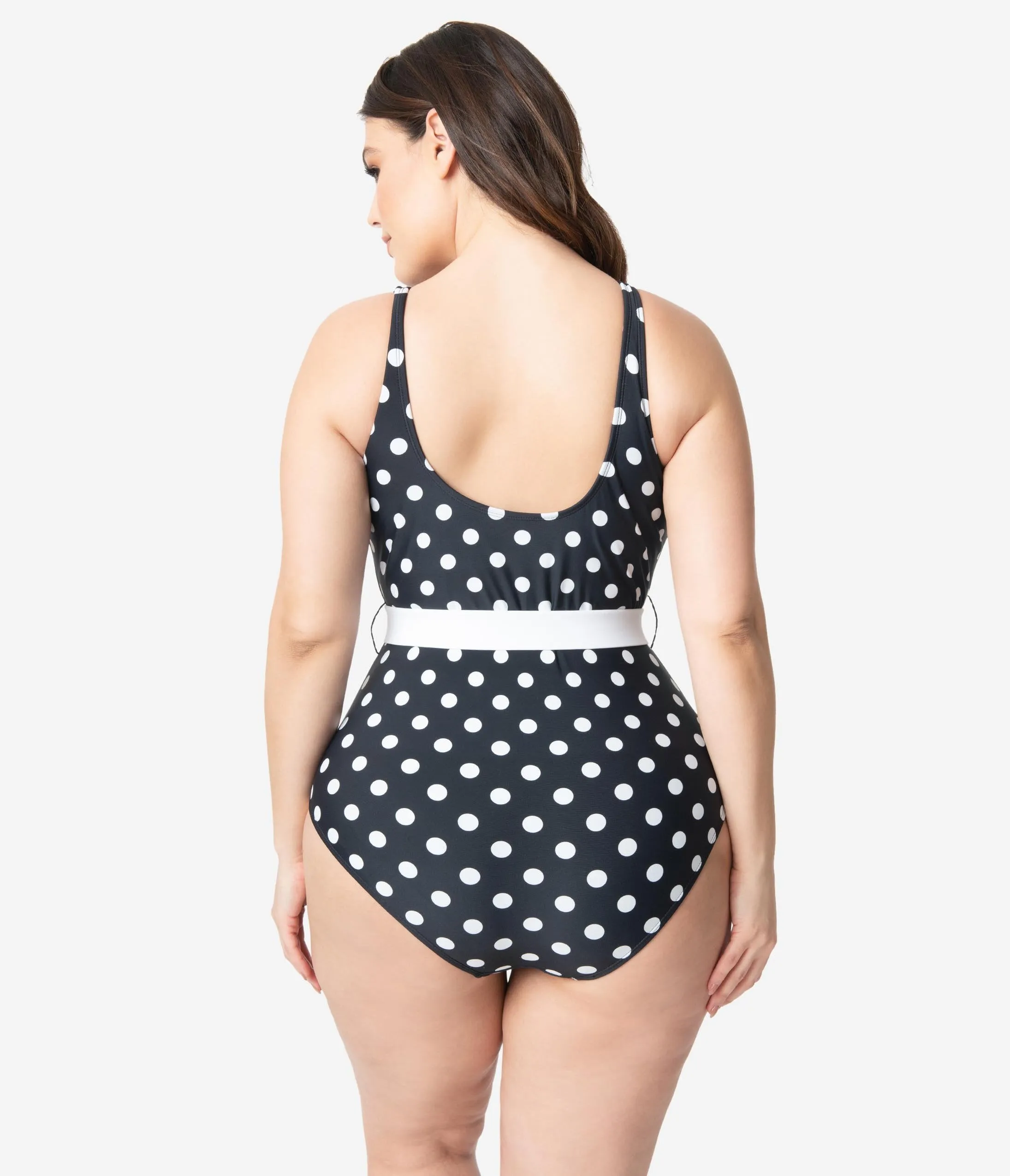 Unique Vintage Plus Size Black & White Polka Dot Belted Huntington Swimsuit