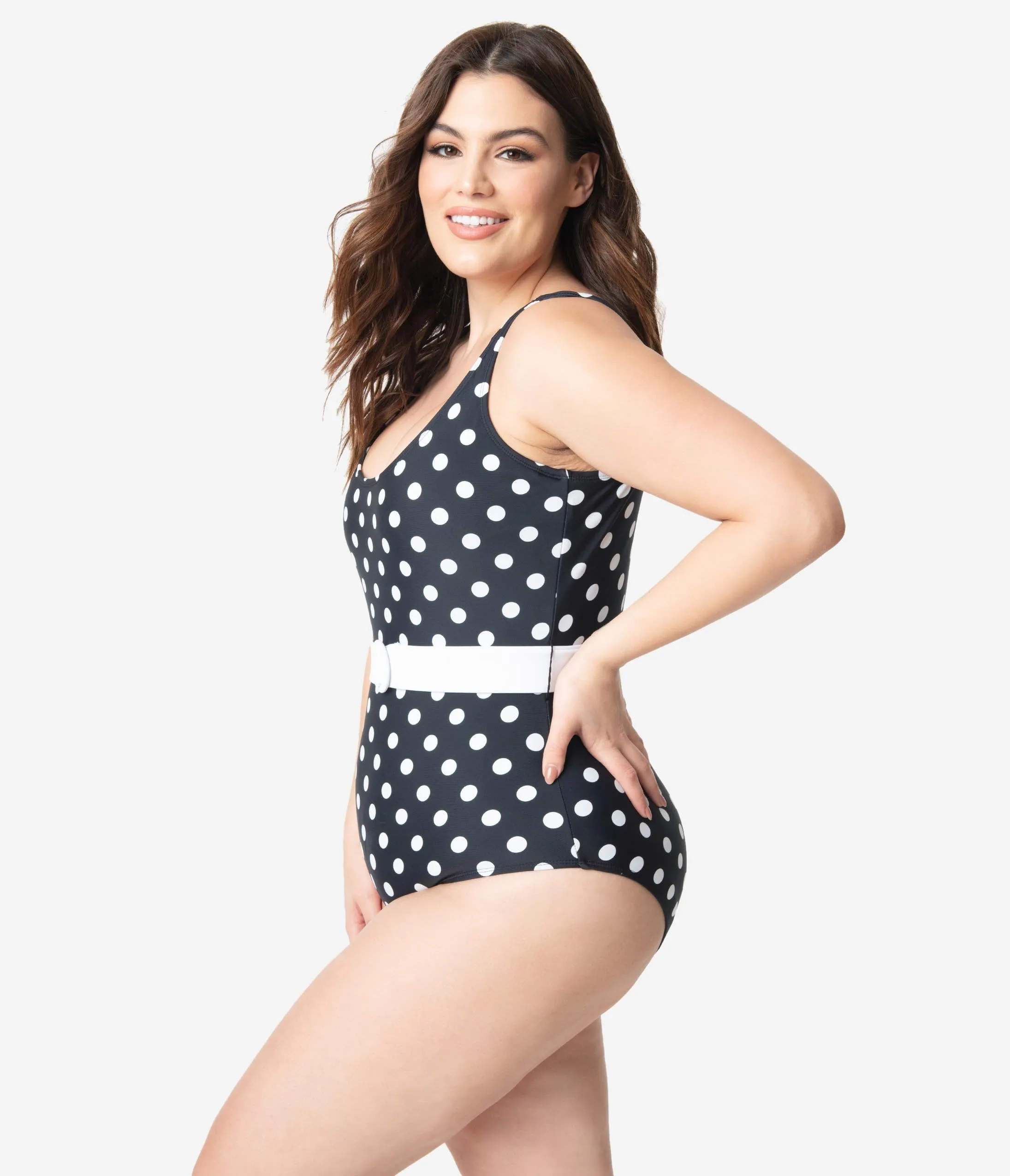 Unique Vintage Plus Size Black & White Polka Dot Belted Huntington Swimsuit