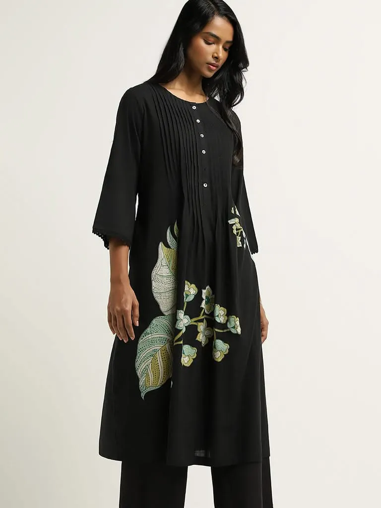 Utsa Black Printed Cotton Pintuck Kurta