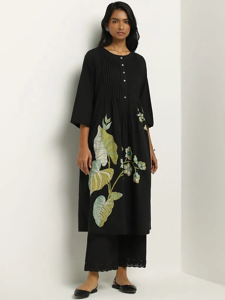 Utsa Black Printed Cotton Pintuck Kurta