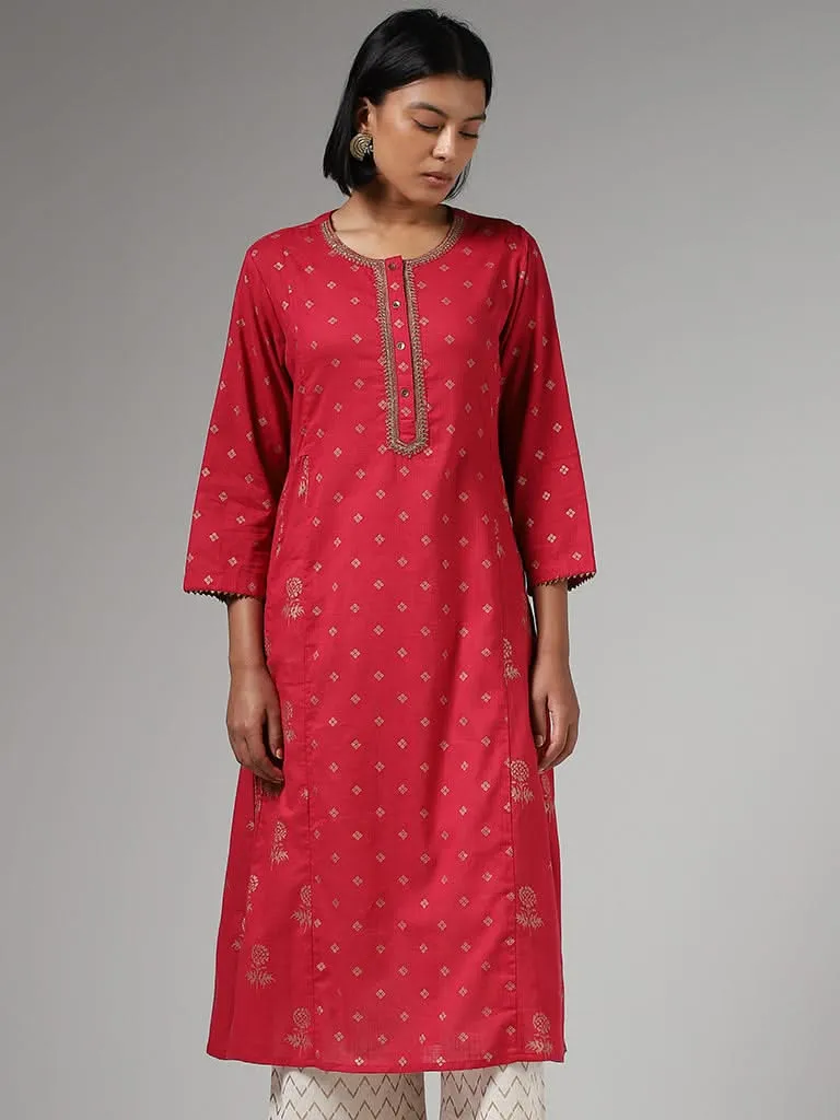 Utsa Pink Zari Embroidered and Printed A-Line Kurta