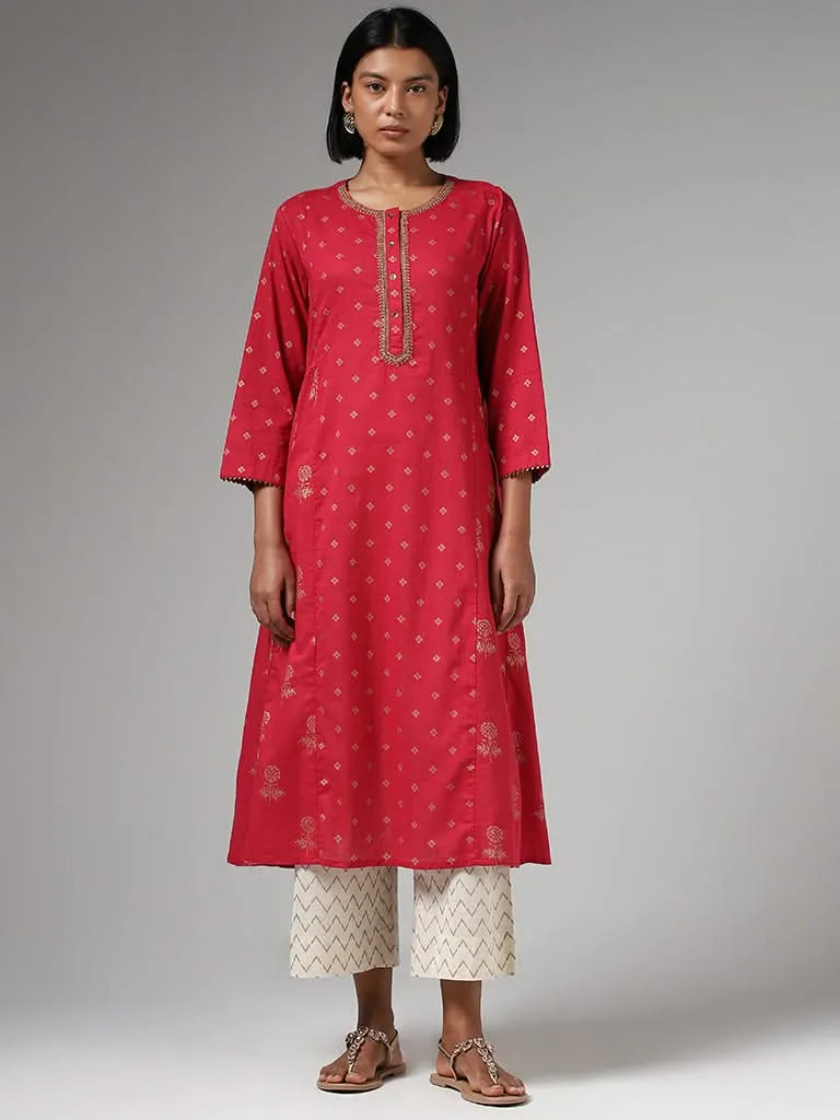 Utsa Pink Zari Embroidered and Printed A-Line Kurta