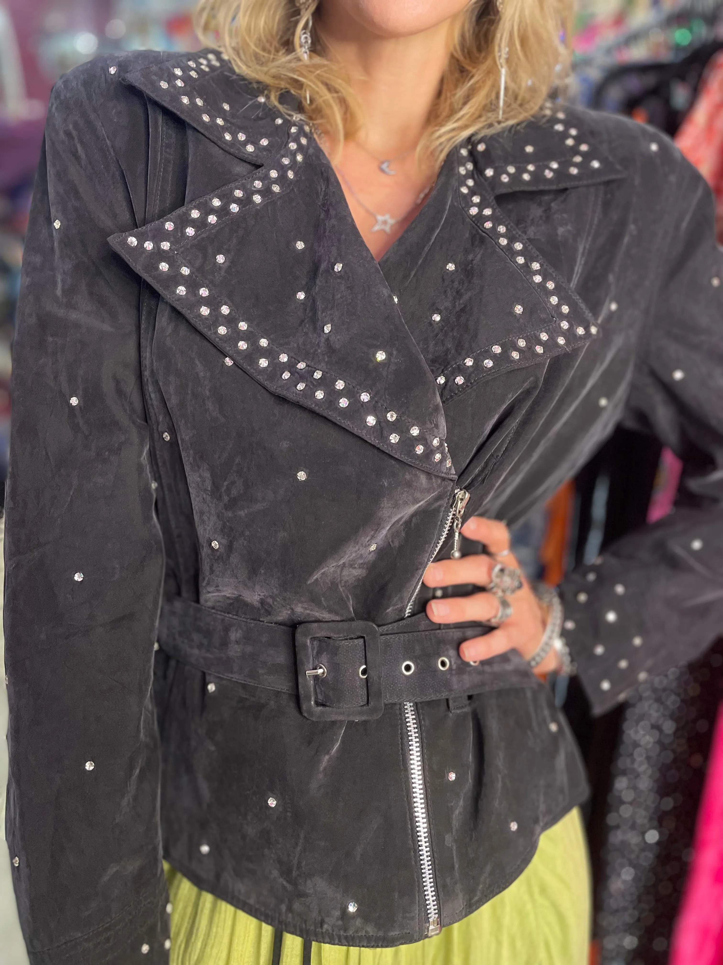 Vintage 90s Bedazzled Rhinestone Studded Black Jacket