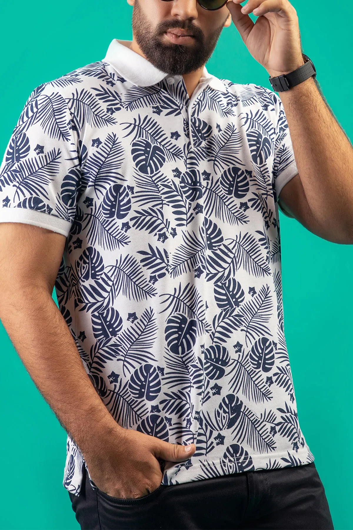 White Tropical Printed Polo Shirt - S23 - MP0239R