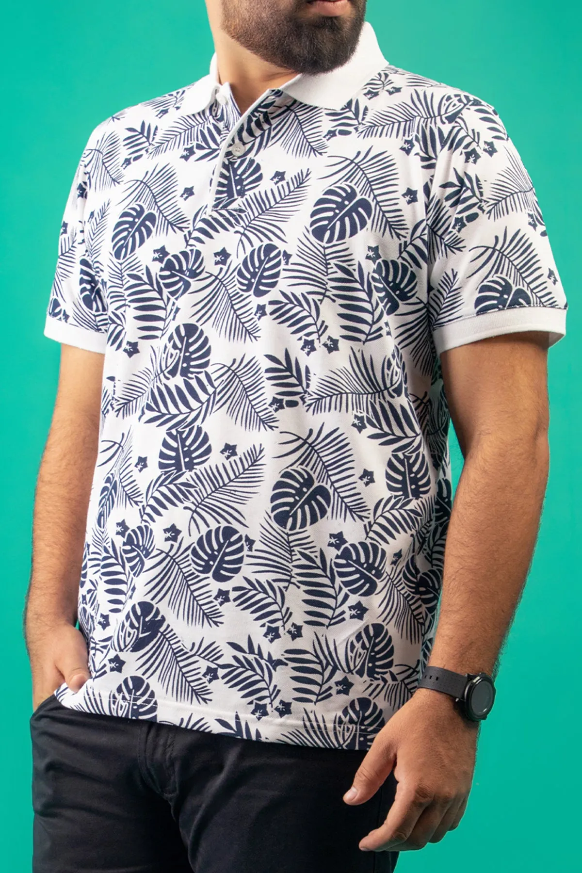 White Tropical Printed Polo Shirt - S23 - MP0239R