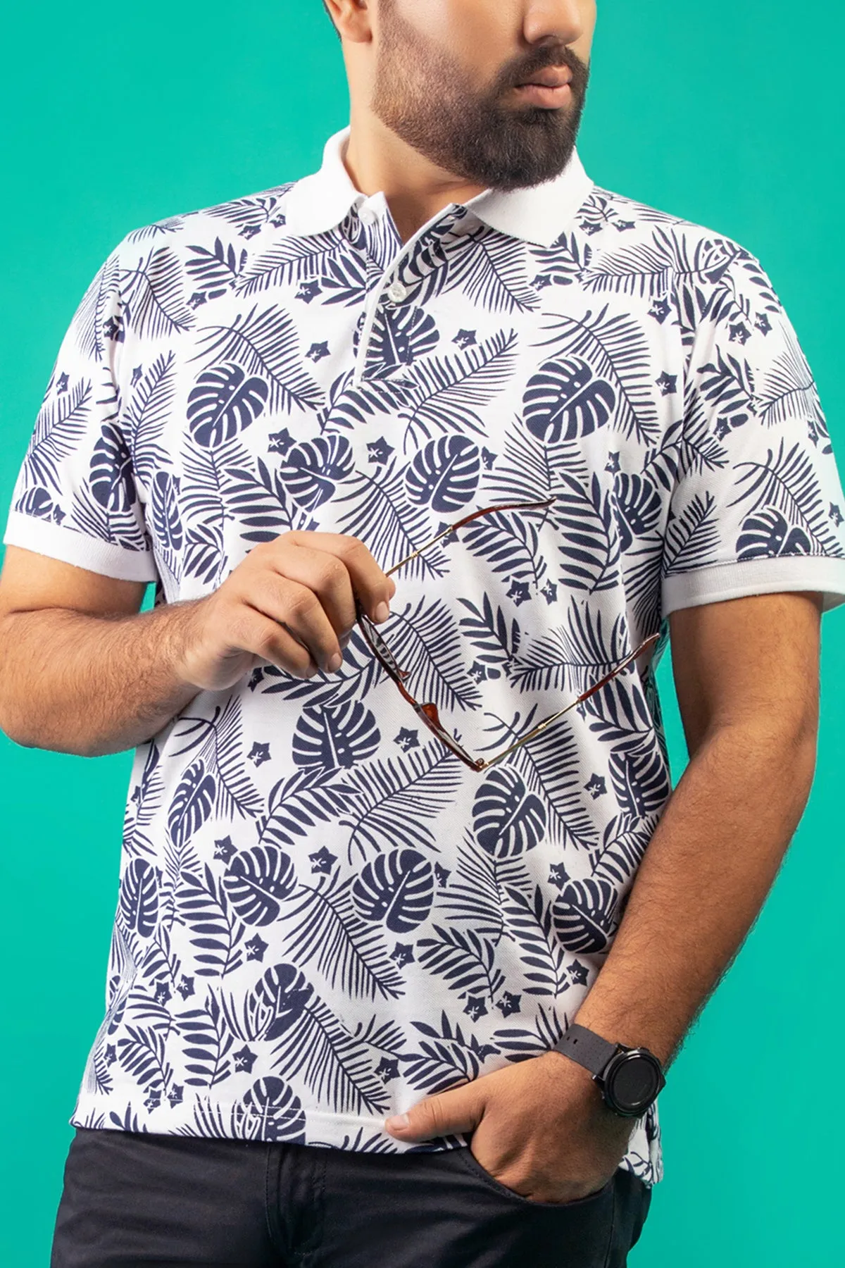 White Tropical Printed Polo Shirt - S23 - MP0239R