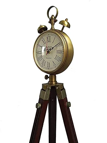 Wooden and Brass Antique Metal Tripod Floor Analog Clock with Stand Two Bell Prop Roman Number for Home & Office Décor