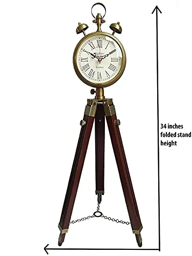 Wooden and Brass Antique Metal Tripod Floor Analog Clock with Stand Two Bell Prop Roman Number for Home & Office Décor