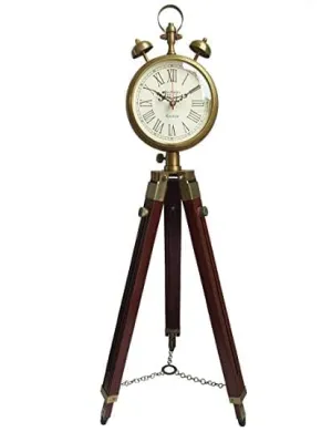 Wooden and Brass Antique Metal Tripod Floor Analog Clock with Stand Two Bell Prop Roman Number for Home & Office Décor