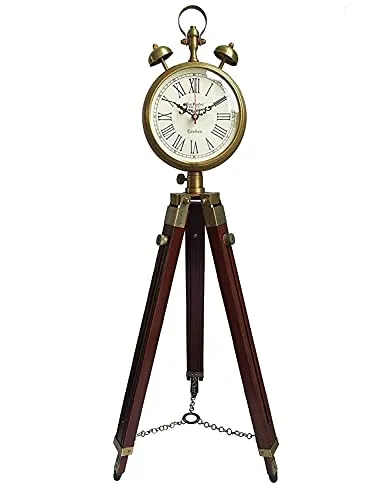 Wooden and Brass Antique Metal Tripod Floor Analog Clock with Stand Two Bell Prop Roman Number for Home & Office Décor