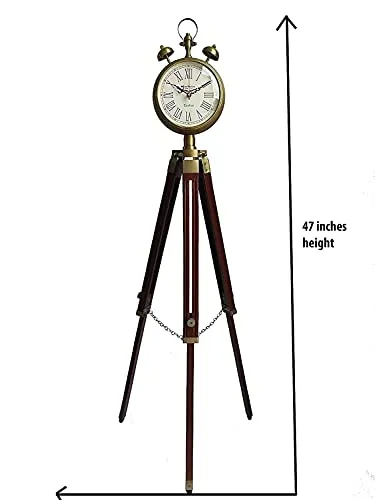 Wooden and Brass Antique Metal Tripod Floor Analog Clock with Stand Two Bell Prop Roman Number for Home & Office Décor