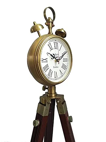 Wooden and Brass Antique Metal Tripod Floor Analog Clock with Stand Two Bell Prop Roman Number for Home & Office Décor